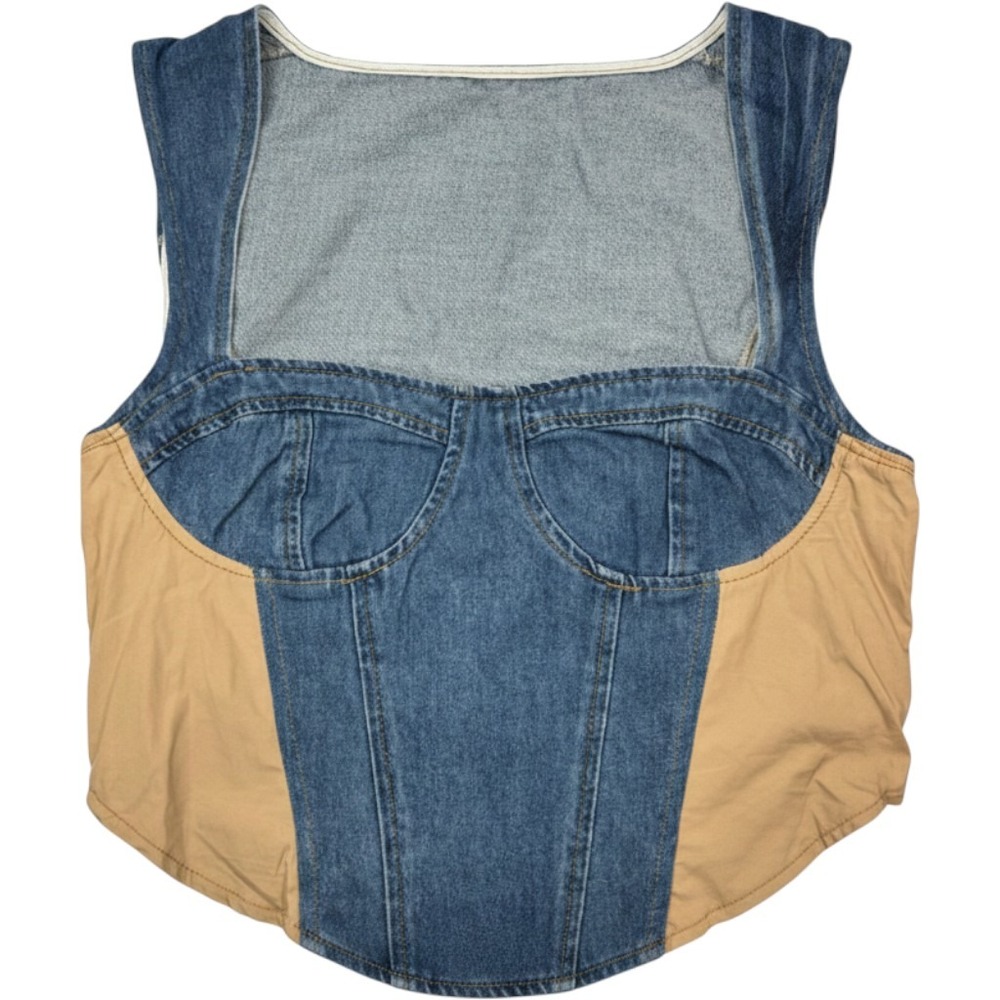 NEW Y2K MICAS Women Large Denim Corset Top Colorblock Blue Cropped Bustier Vest